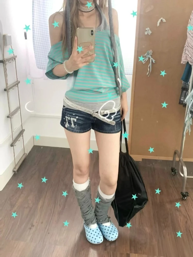 Striped Fake Two Off Shoulder Fashion Tees American Vintage Daily Casual Tops Korean Sweet Chic Outfits For Hot Young Girls