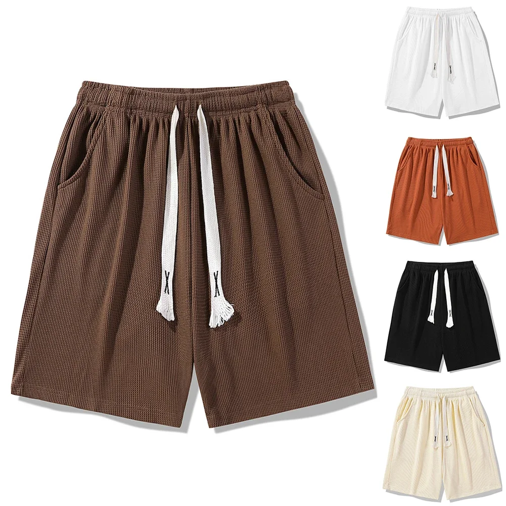 Men Waffle Korean Drawstring Sports Shorts Thin Five Quarter All-match Pants