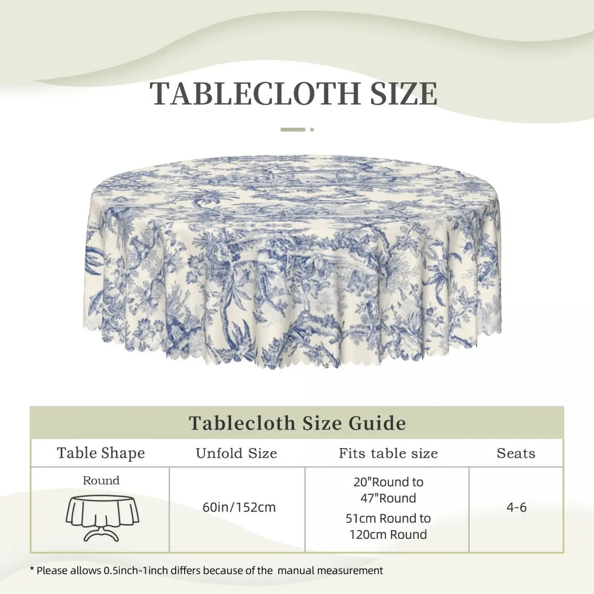 Round Fitted Toile De Jouy Patterns Table Cloth Waterproof Tablecloth 60 inch Table Cover for Kitchen Dinning