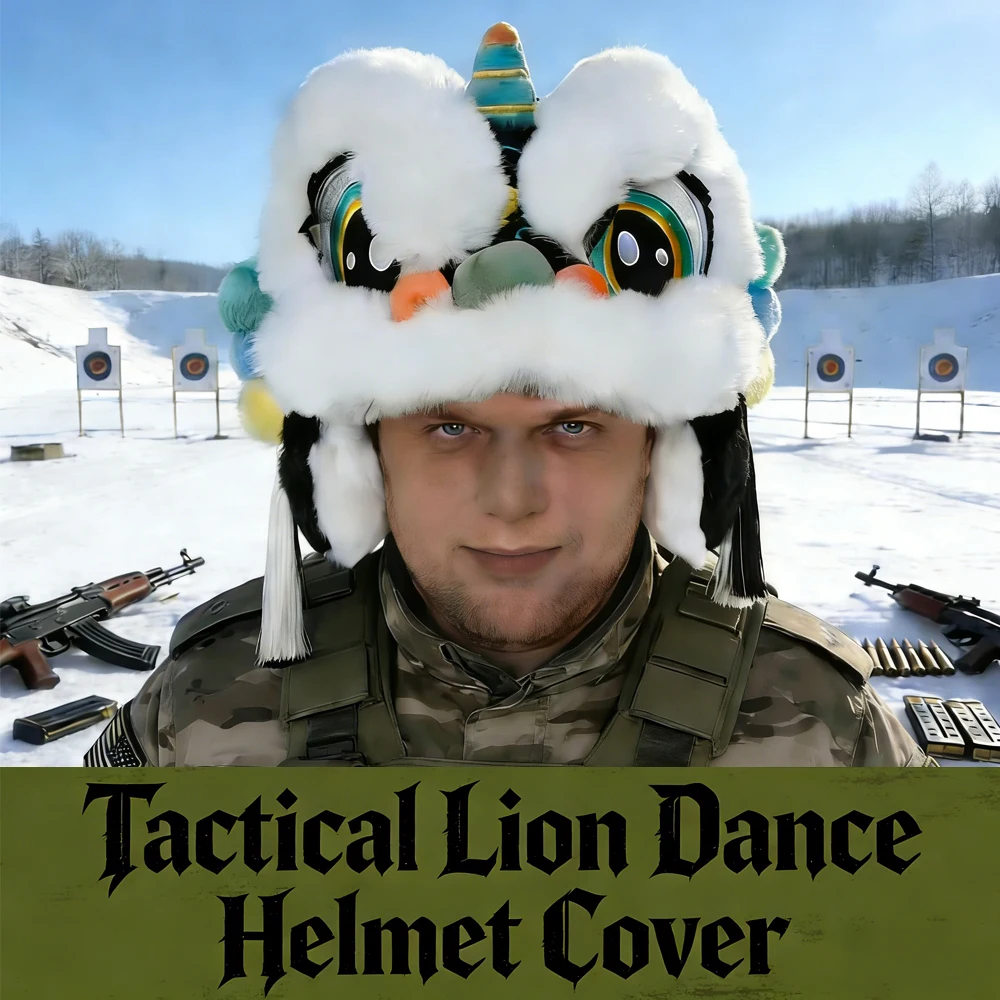 Tactical Lion Dance Helmet Cover Lion Wake Plush Hat Warm Skiing Electric Vehicle Riding Cap for Winter Outdoor Activities Gear