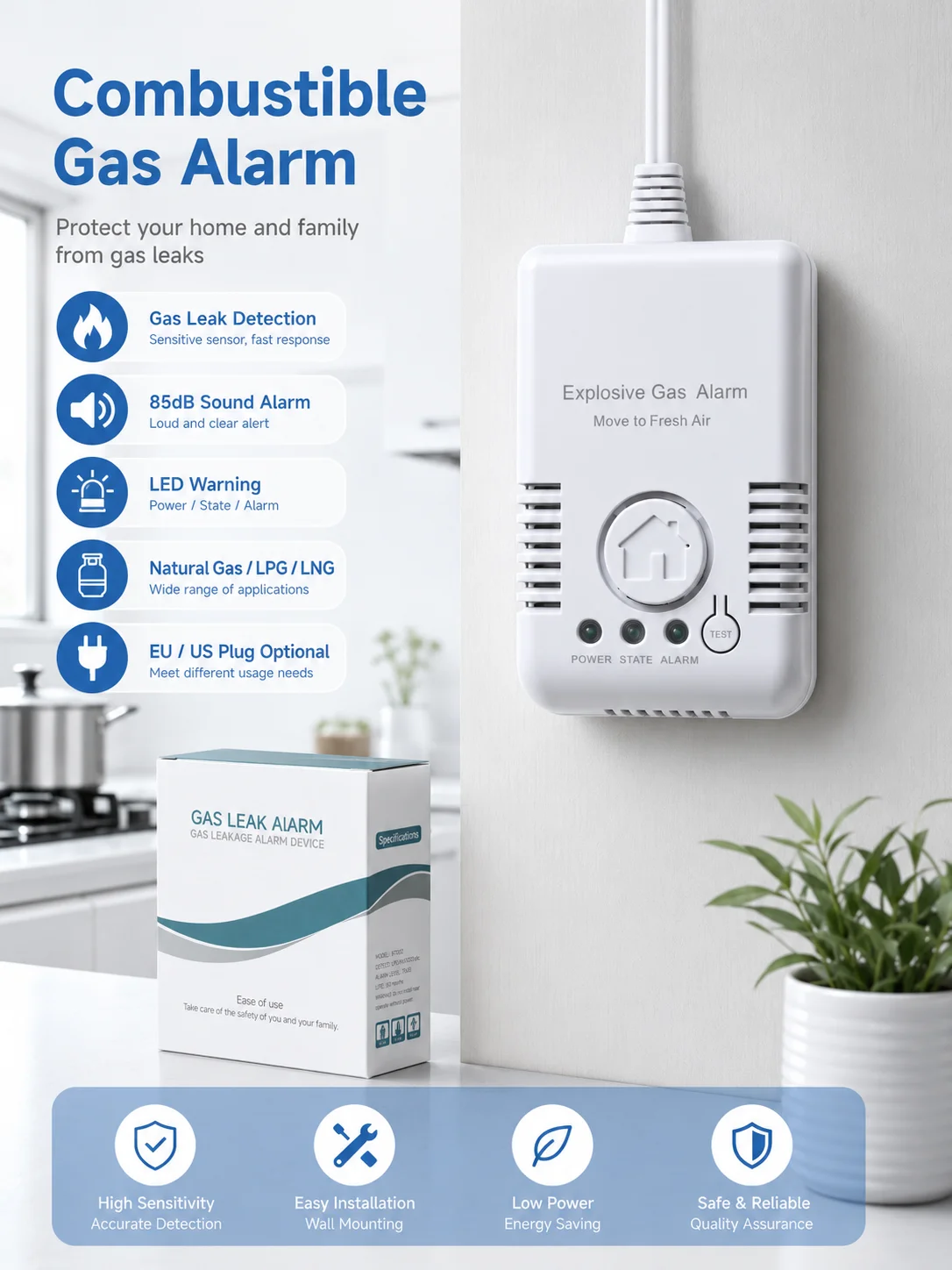 

Gas Leak Alarm Detector 100-250VAC Combustible Gas Sensor Natural Gas LPG LNG Methane Coal Gas 85dB EU US Plug