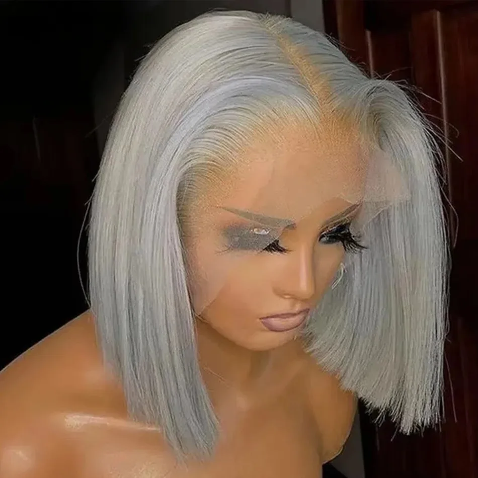 

Grey Bob Wig Lace Front Silver Grey 13X4 HD Lace Frontal Wig Short Lace Wig Straight 200 Density Ready To Wear Cosplay for Wemon