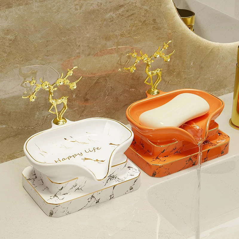 Light Luxury Deer Soap Box Drain Shelf Household Ceramic Soap Dish Drain Free Punching Household Bathroom Storage Accessories