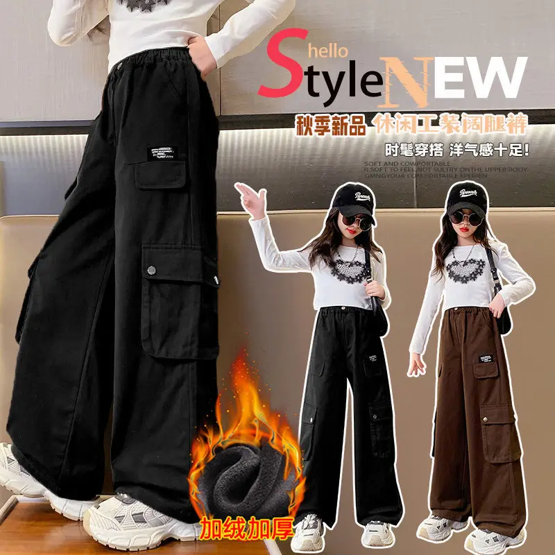 Teenager Girls Winter Cargo Pants for Korean Kids Soft Corduroy Long Trousers Warm Comfortable School Child Thermal Sweatpants