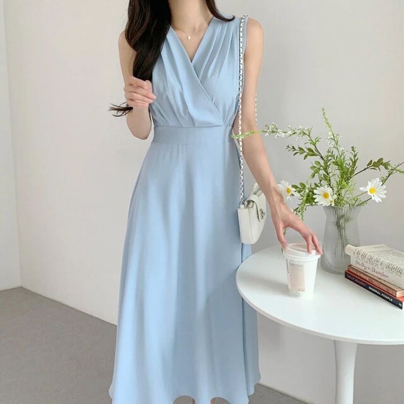 فساتين نسائية صيفية أنيقة من REALEFT متقاطعة من الأمام على شكل حرف v وشاحات على شكل حرف a جديدة 2025 بدون أكمام فستان فضفاض غير رسمي للسيدات #2