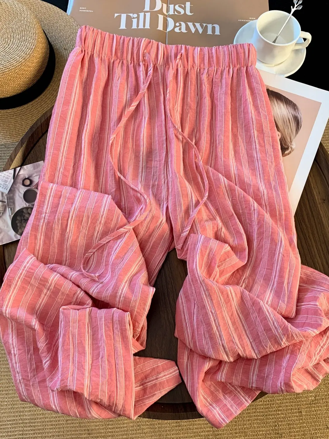 

Dopamine Striped Wide Leg Pants Women's Summer Thin High Waist Slimming Loose Drape Casual Trousers Casual Straight Cotton