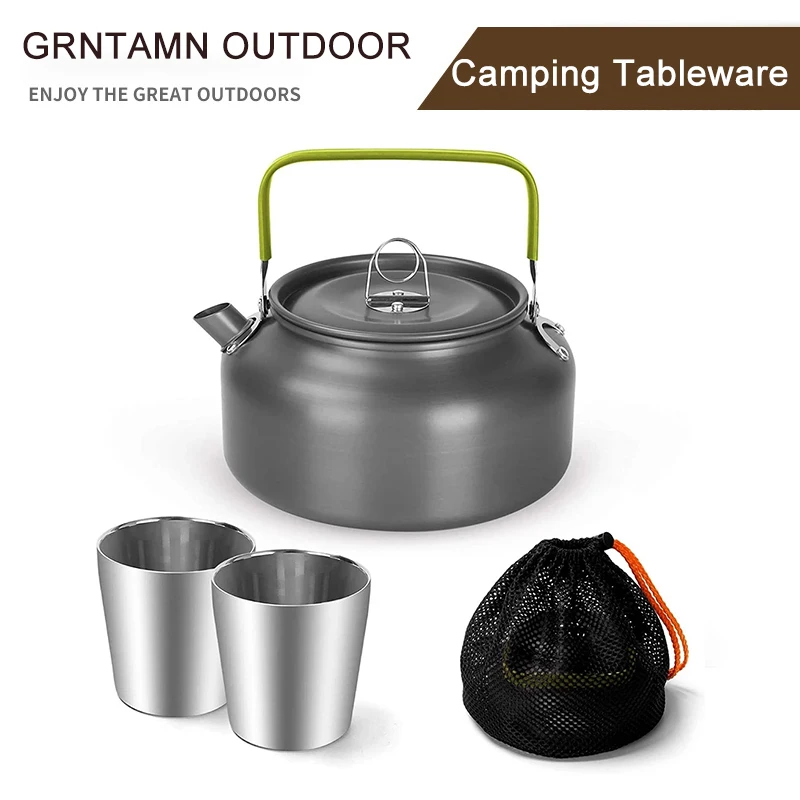 

1.2L Camping Kettle Set with 2 Cups, Lightweight Aluminum Camp Tea Coffee Pot with 2 Stainless Steel Cups for Hiking