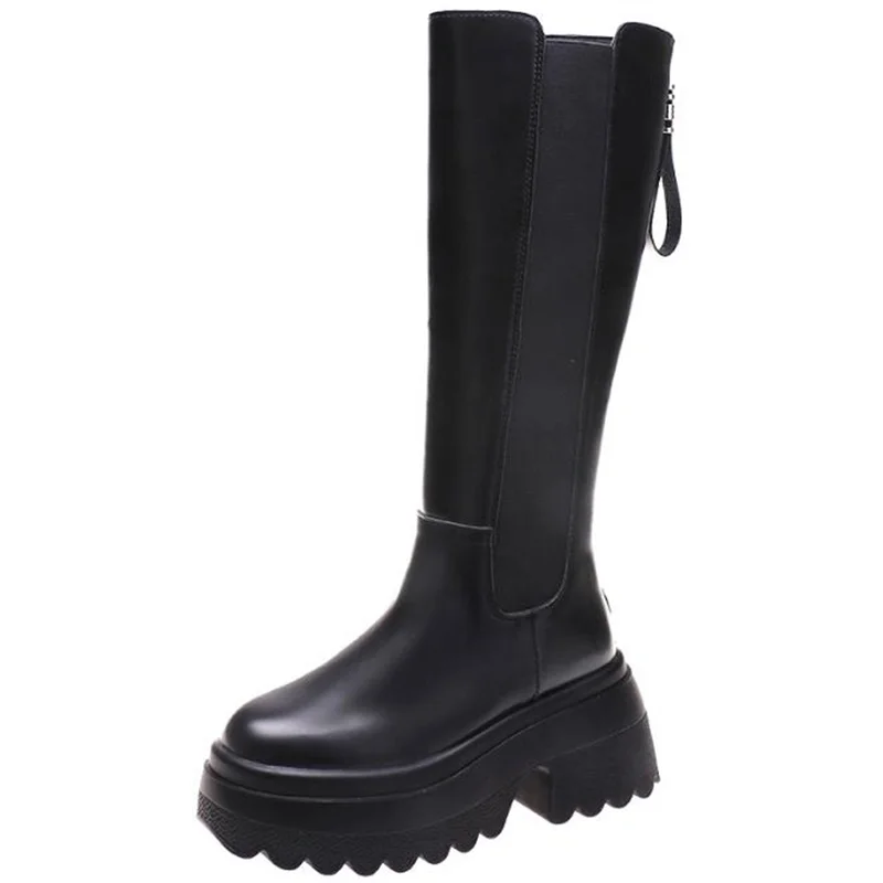 8.5cm Women's Platform Knee High Boots Fashion Soft Leather Long Boots Winter Motorcycle Boots Slip-on Chunky Sneakers High Heel