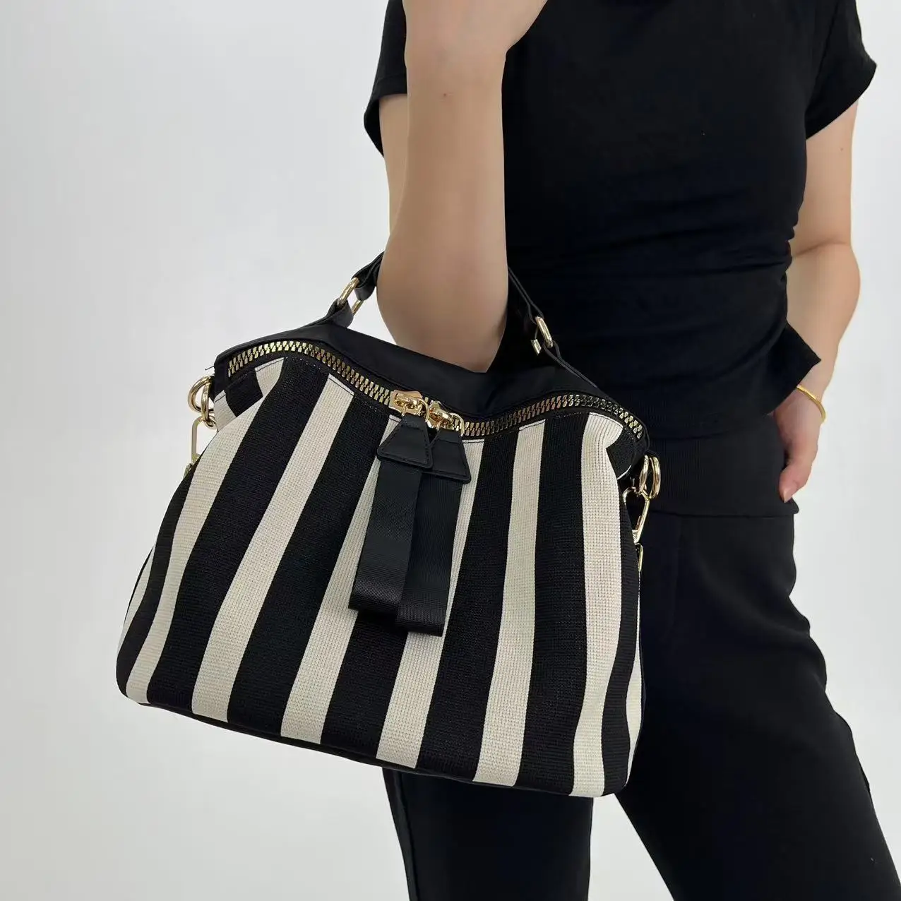 Ladies' fashionable mesh lightweight multi zipper shoulder bag with stripes for daily use, multifunctional crossbody handbag