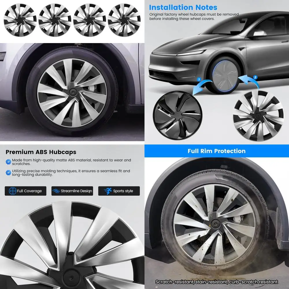 Hubcaps Fit for Tesla Model Y Juniper 2025 2026, 19" Silver + Black Wheel Covers with Center Caps, Cross-Spoke Design Rim Covers