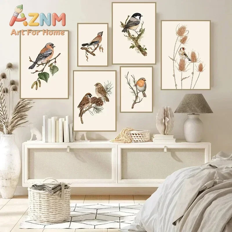 Nordic Vintage Goldfinch Landscape Bird Flower Wall Art Canvas Painting Posters Prints Wall Pictures for Living Room Home Dec