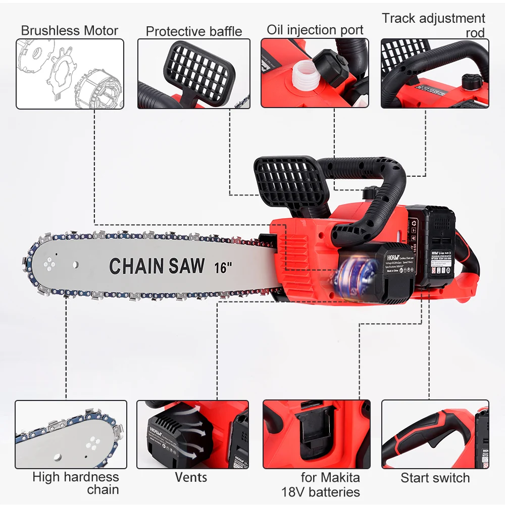 16 Inch Brushless Electric Chain Saw Portable Handheld Cordless Chainsaw Woodworking Tool Graden Pruning Tool For Makita Battery