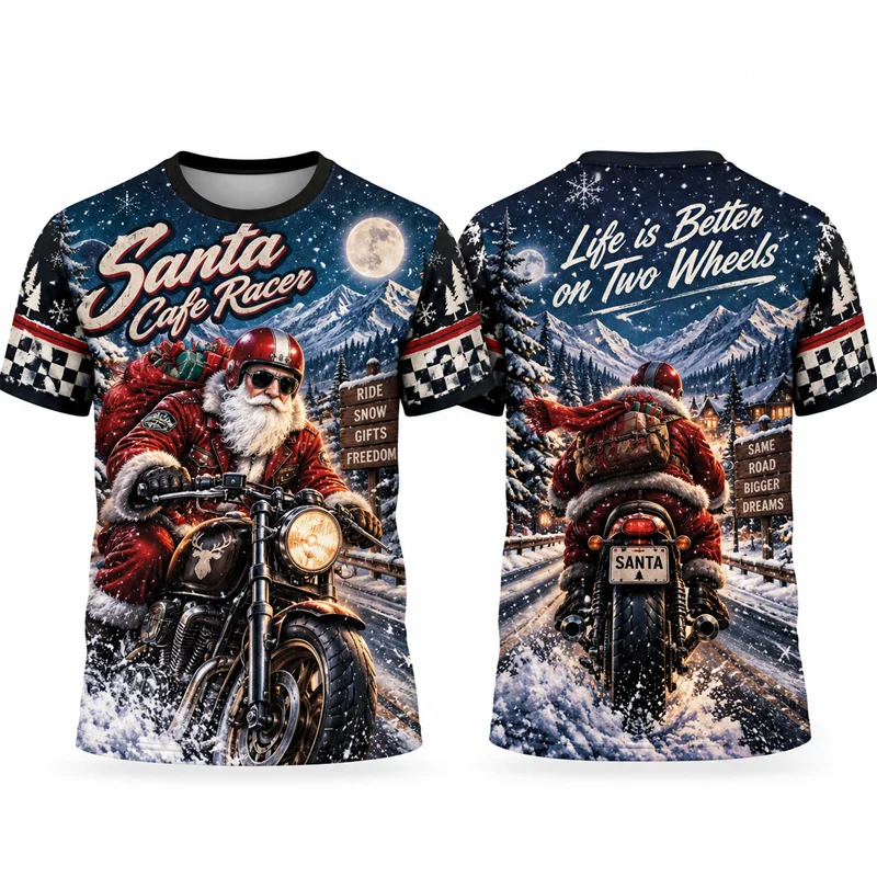 Christmas Motorcycle T Shirt Men Santa Biker Cafe Racer Graphic Short Sleeve Xmas Holiday Vintage Streetwear Casual Top Fashion