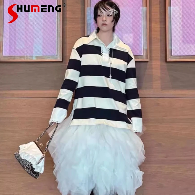 

2026 Spring New Cute Tshirts Japanese Y2k Lace Polo Collar Striped Top Casual Loose Long-sleeves Tees Pullover Women's Pullover