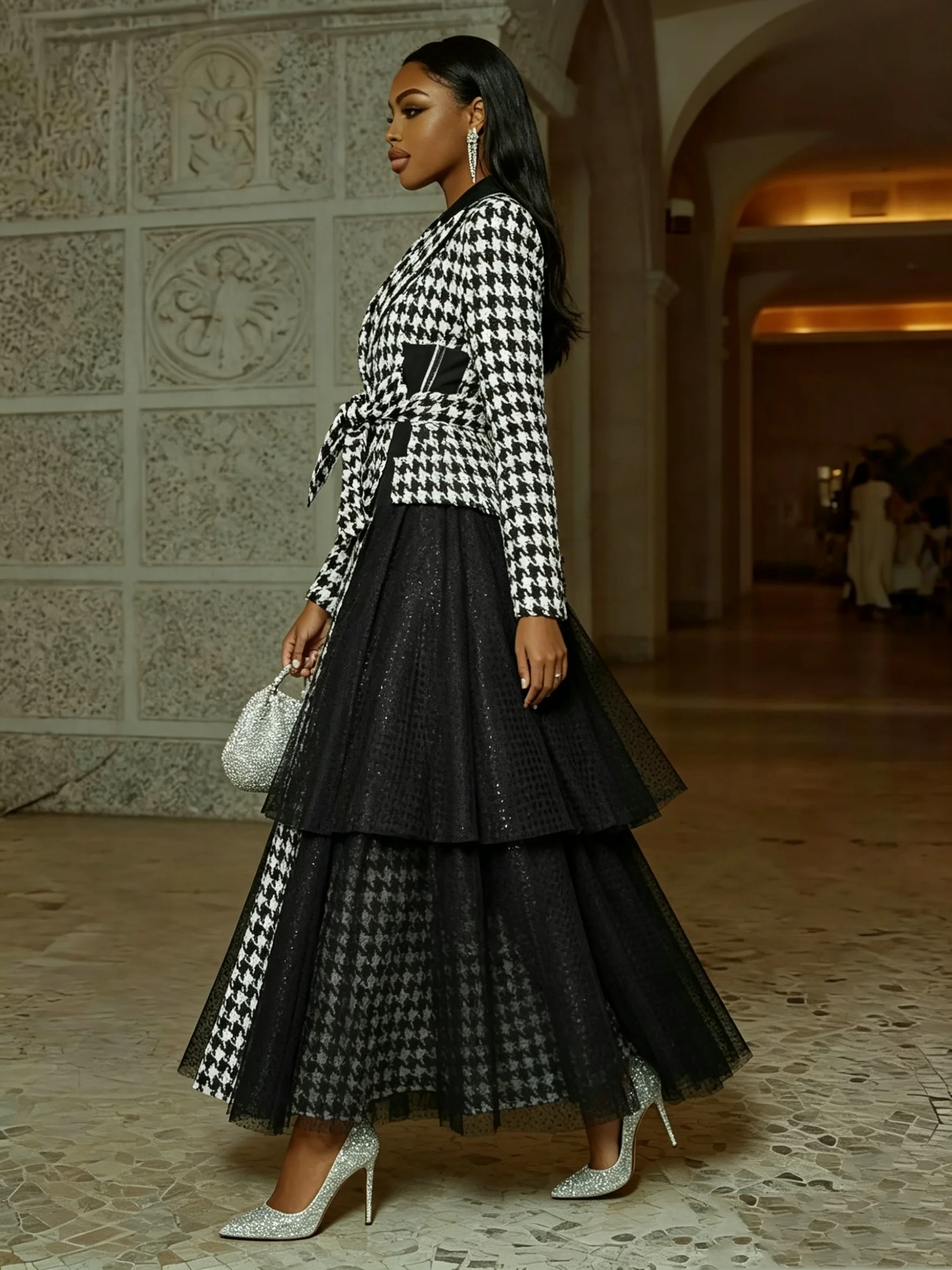 

Houndstooth Long Women Suit 1 Pcs Blazer Prom Dress Tulle Black White Cotton Formal Office Lady Jacket Customized Wedding Coat