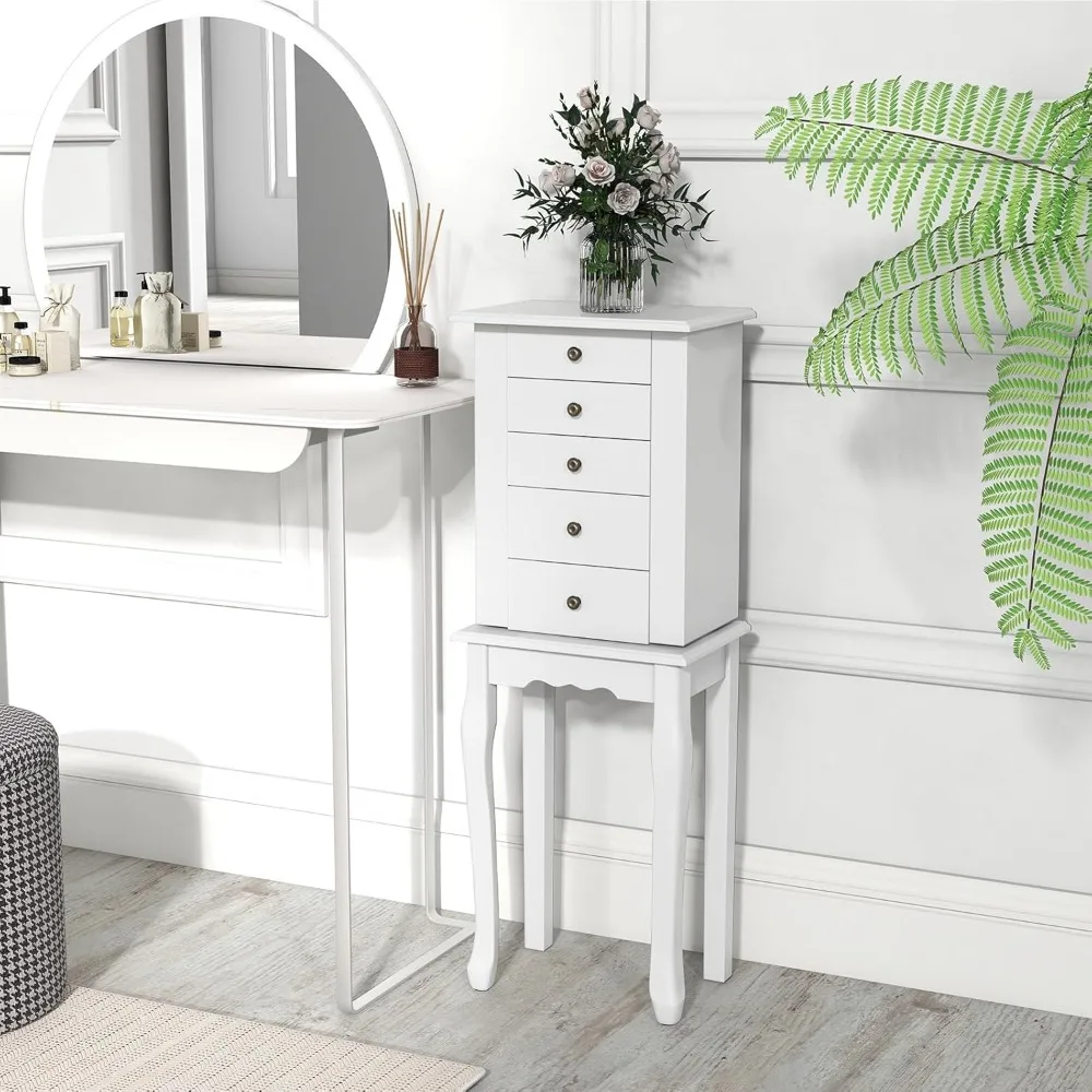 Tall Jewelry Armoire with 4 Drawers, Flip-Up Mirror, Top Storage, and 8 Necklace Hooks
