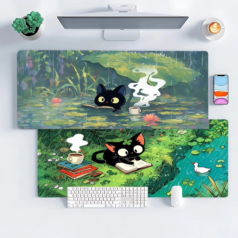 

Cute cartoon black cat Mouse Pad Large Anti-Slip Rubber Gaming MousePad Durable Table Pads Seam Edge Office Gamer Long Desk Mat