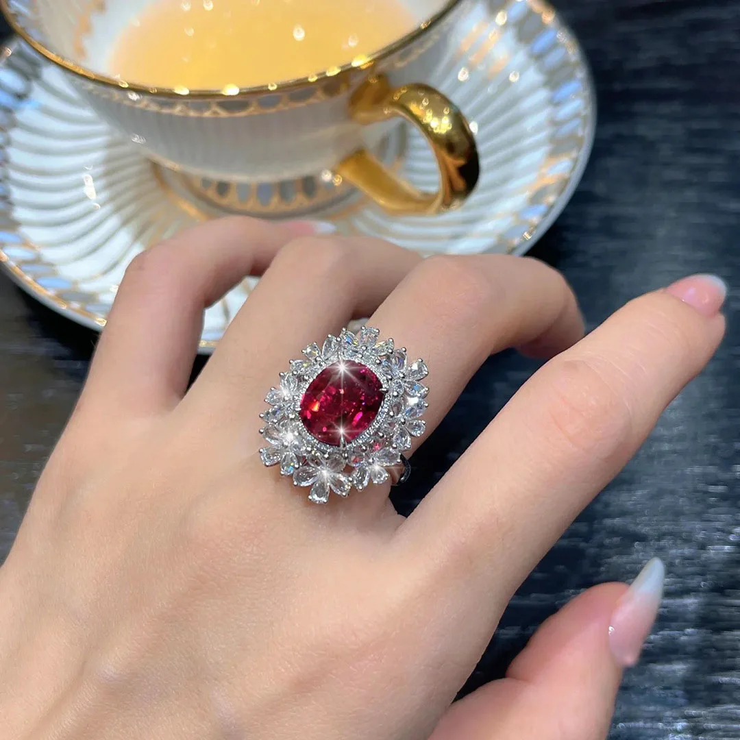 Brillian Premium Luxury Oval Burgundy AAA Zircon Flower Rings for Women Resizable Bride Wedding Engagement Jewelry Gift X1327