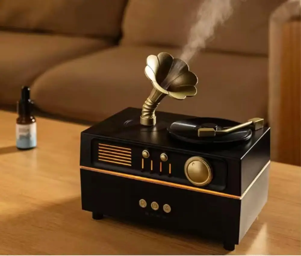 5 in 1 Diffuser Humidifier 200 ml, Bluetooth Speaker, 6 LED Light, Timer, Gramaphone & Vinyl Rotation Retro Design