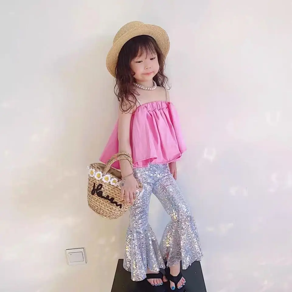 Retro Runway Trendy 2026 Spring Summer New Girls Hong Kong Style Off Shoulder Tube Top Dress Flared Pants Two Piece Set