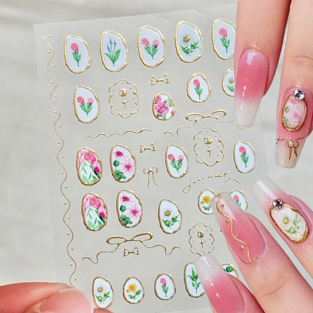 

1Pcs 5D Bronzing Tulip Frame Nail Stickers Gold Ribbon Irregular Flower Frames Nail Decals Luxury Floral Wave Manicure Sliders n