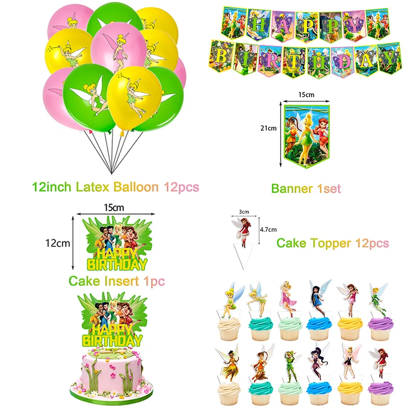 Cartoon Princess Fairy Tinker Bell Fairy Elves Theme Birthday Party Decoration Tableware  Number Latex Balloon Banner Girl Gift