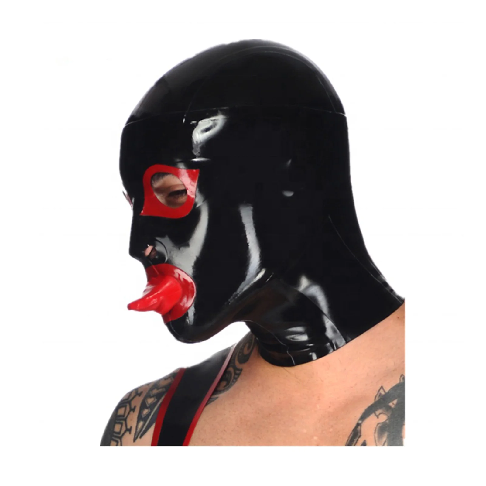 

MONNIK Black Latex Hood Mask with Red Edge Open Eyes&Mouth Sleeve for Latex Bodysuit Fetish Party Halloween Clubwear Gay