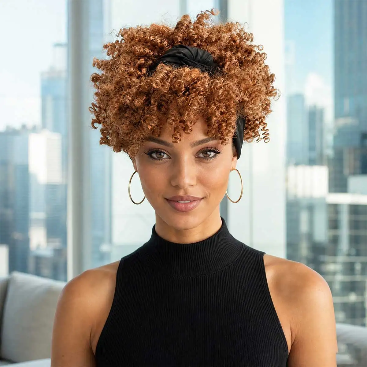 Short Fluffy Auburn Afro Puff Headband Wig with Black Turban Knot, Synthetic Curly Puff Wig for African Women Quick Style