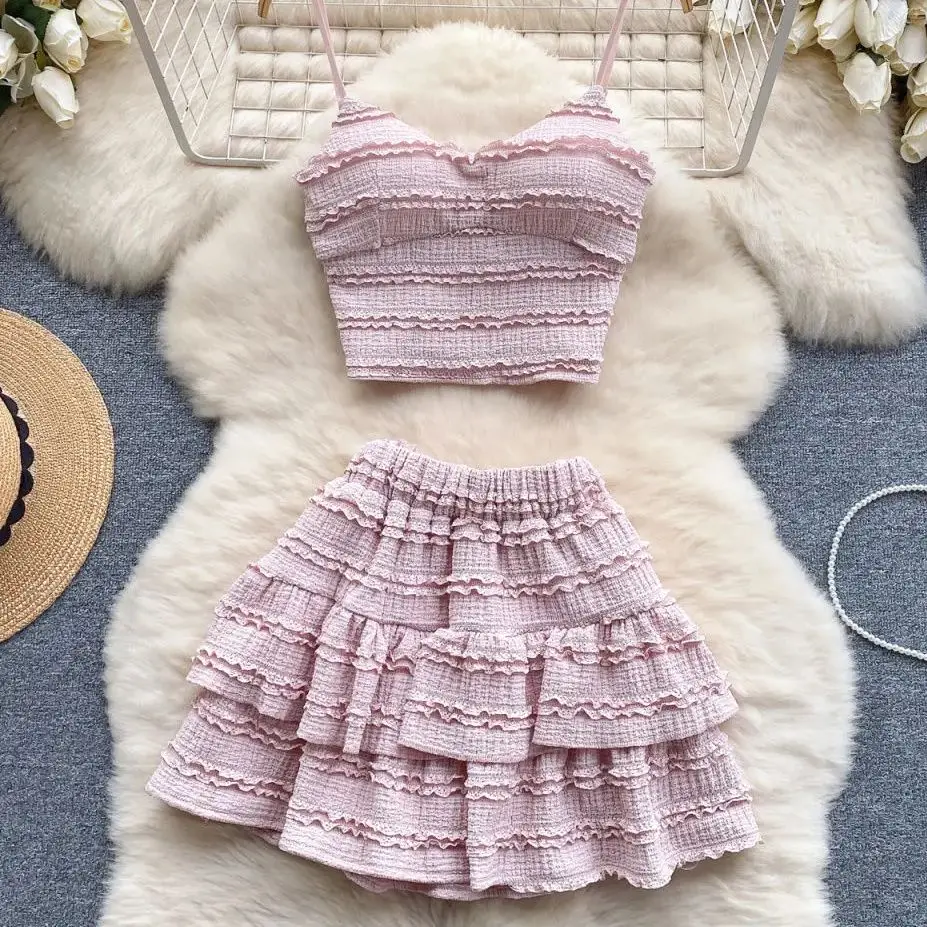 Suit V Neck Strap Crop Tops+Short Pleated Skirt Sweet Ruched Women Korean Style Chic Summer Beachwear Two Pieces Sets Suits