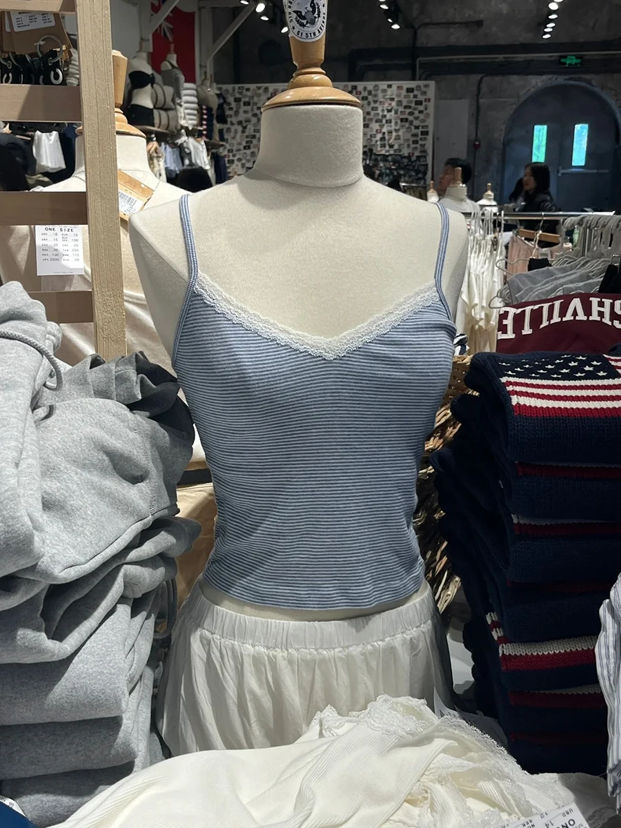 Blue Striped Lace Trim Tank Tops Women New Sexy V-neck Cotton Sleeveless Slim Crop Top Summer Camisoles Vintage Sweet Vests Y2k