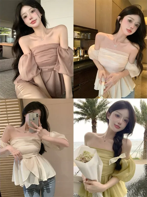 

oulder Bubblesve irt Women's Sle Sweet Silk Material ort Sve One-oulder Design Sensation Chic Summer New Arrival