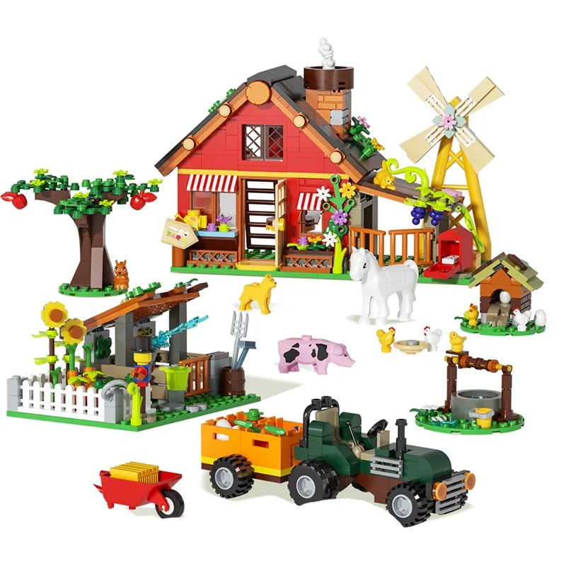 649 ELEMENTÓW Kreatywny Zestaw Klocków Wiatrak Farma z Pojazdami Rolniczymi Zwierzętami Drzewami Roślinami Akcesoria z Klocków Puzzle Zabawki dla Dzieci Prezent