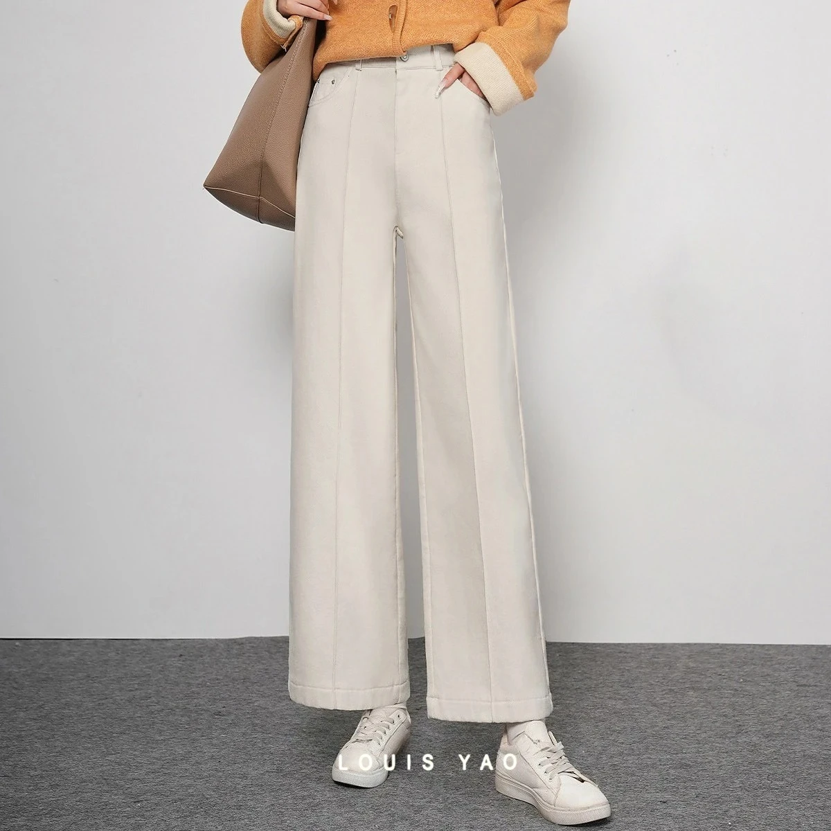 LOUIS YAO Solid Color Long Casual Denim Pants 2026 Autumn Winter Straight Pants Slightly Stretch Thickened Women's Retro Jeans