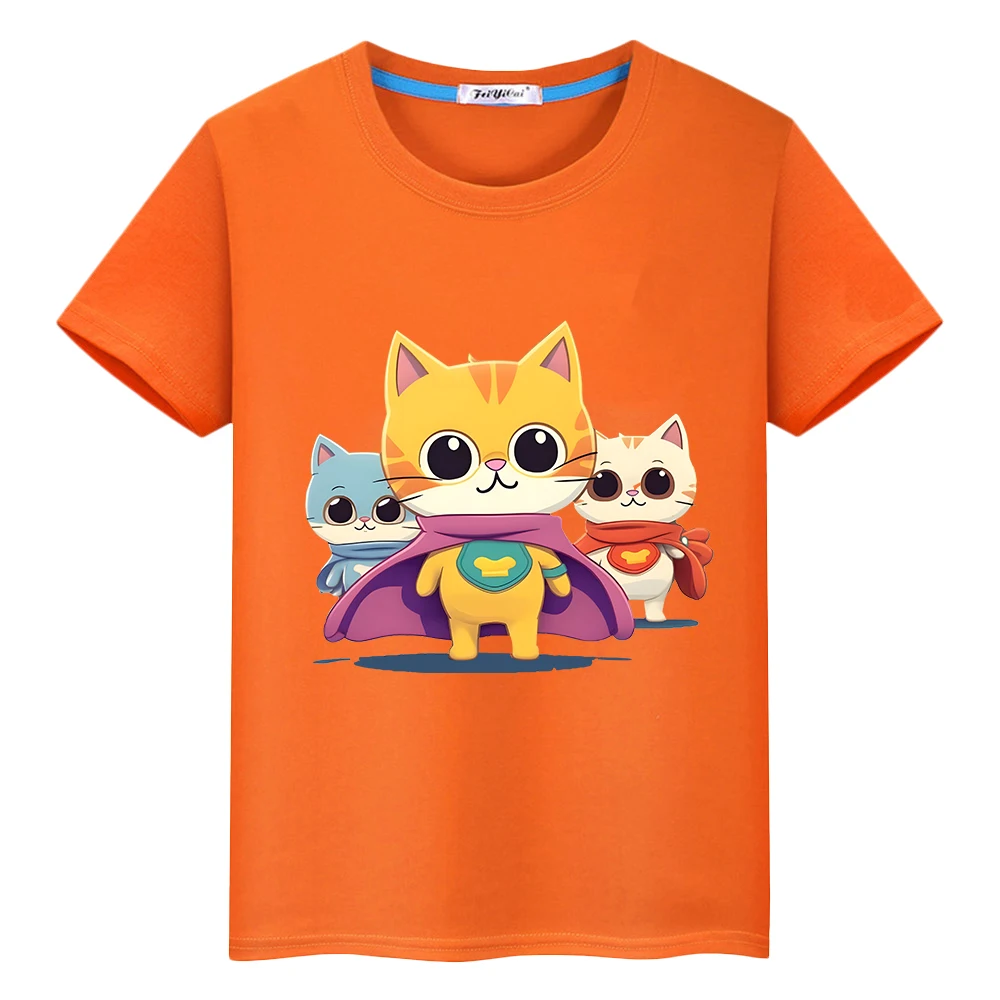 Camiseta fofa super gatinha 100% algodão, tops com estampa curta, camisetas casuais de anime para crianças, roupas para meninos e meninas, Y2K, 1 pc, verão