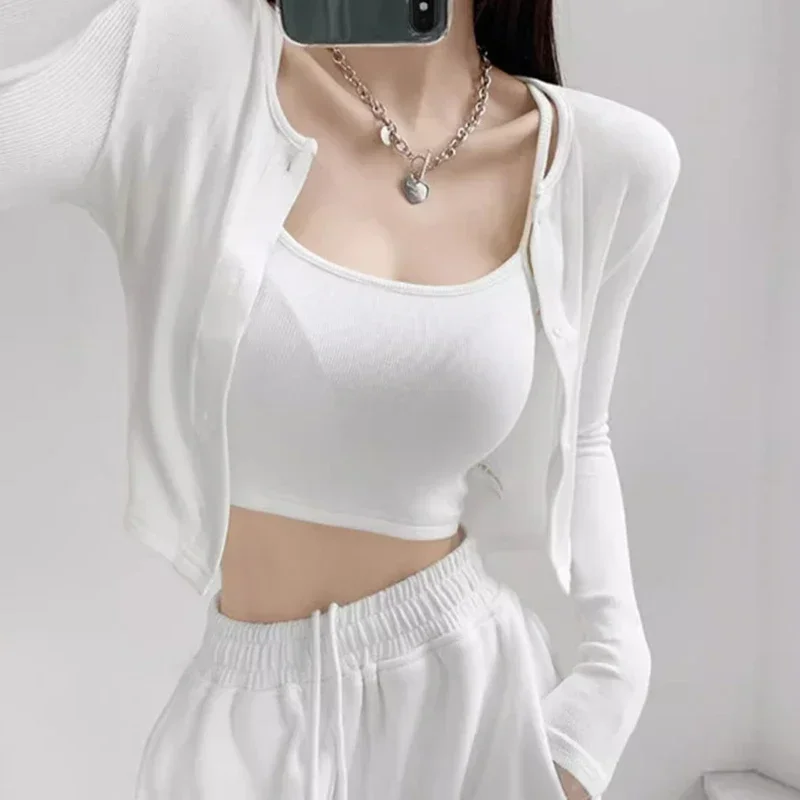 SMVP New Korean Chic Knitted Cropped Cardigan Women Summer All Match Long Sleeve Cardigans Woman Single Breasted Crop Tops Lady