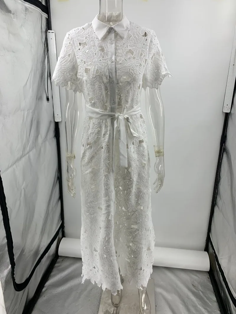 2025 verano Floral ahueca hacia fuera el vestido largo ocasional de vacaciones con fajas mujeres solapa camisa de manga corta vestido largo ropa de calle Casual