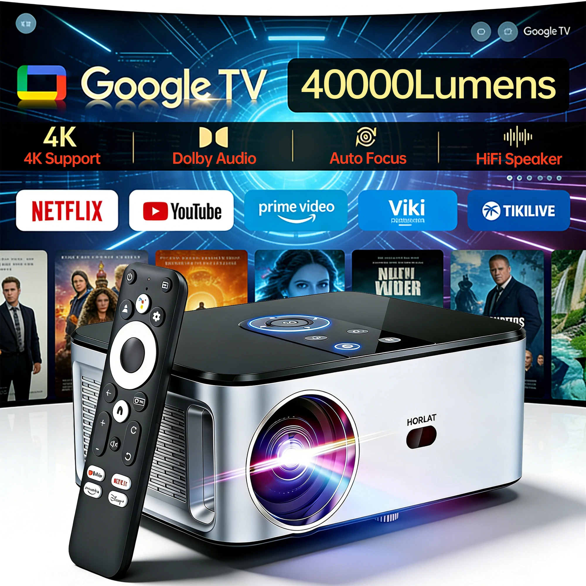 Projektor HORLAT 2000 Ansi Lumens 4K LED Google TV Android 14 Full HD 1080P z automatycznym ustawianiem ostrości, korekcją trójkąta, 5G WiFi, przenośny projektor