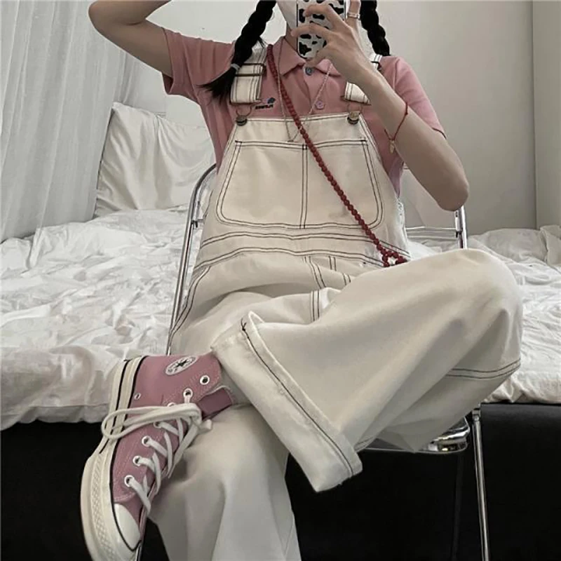 Pantalones vaqueros blancos con tirantes para mujer, pantalón holgado de cintura alta, longitud completa, pierna ancha, mono Vintage que combina con todo, primavera y otoño