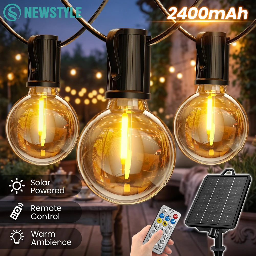 Outdoor Solar String Lights G40 IP65 Waterproof G40 Bulb 2400mAh Solar Remote String Lights for Eraces Backyards Porches Party