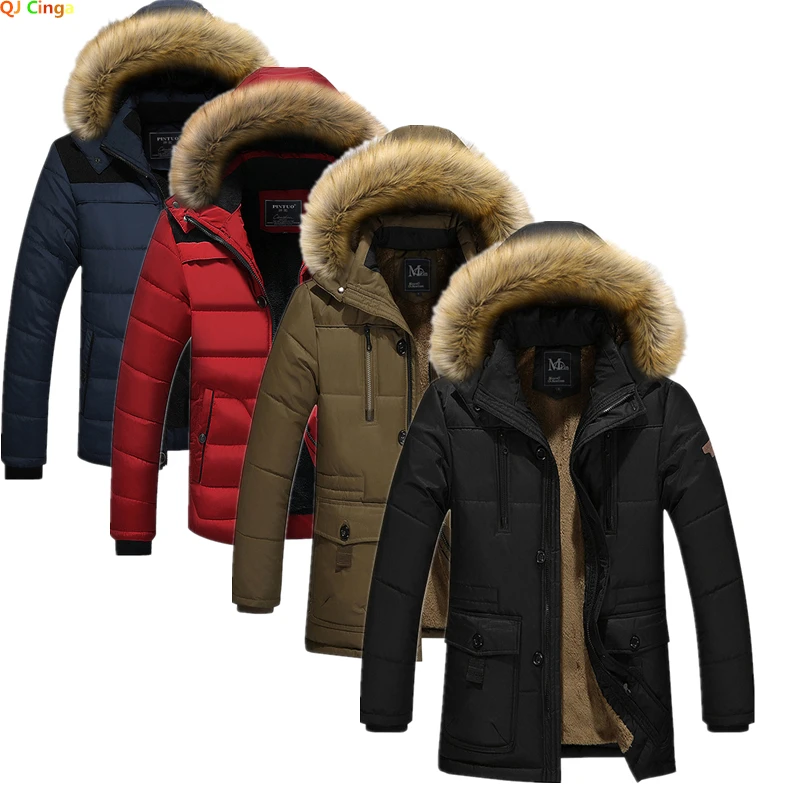 Black Hooded Parkas Jacket Fake Fur Fur Collar Men\'s Winter Thick Coats Fashion Warm Outerwear Male Overcoat Blue Red Jaqueta