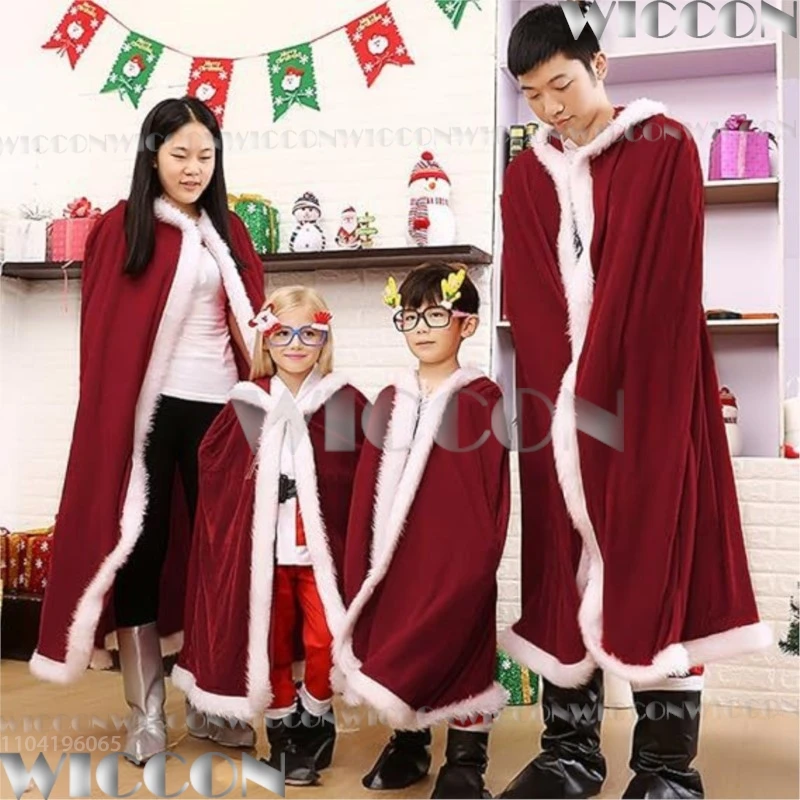 Christmas Cape Mrs. Claus Santa Cosplay Costume Red Velvet Hooded Clock Robe Child Adult Women Men Halloween Roleplay Customized