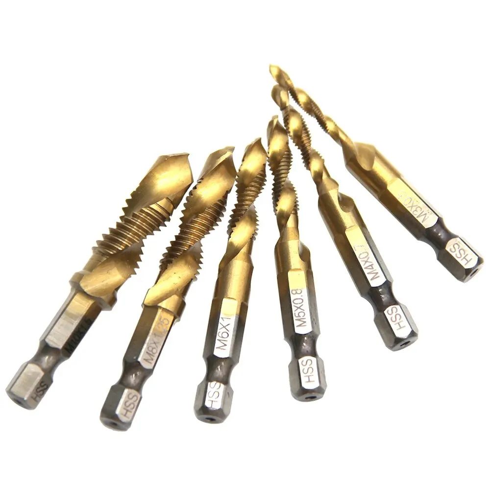 6pc High Speed Steel M3-M10 Titanium Plated Composite Tap Hexagonal Drill and Tap Integrated Tap Machine with Hole Chamfer Tool