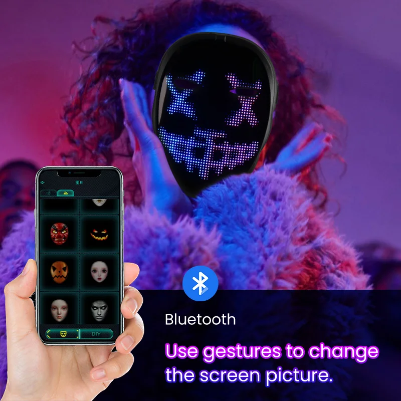 Imagem -04 - Bluetooth Rgb Light up Led Máscara Faça Você Mesmo Imagem Animação Texto Halloween Natal Carnaval Traje Festa Jogo Crianças Máscaras Deco Presente