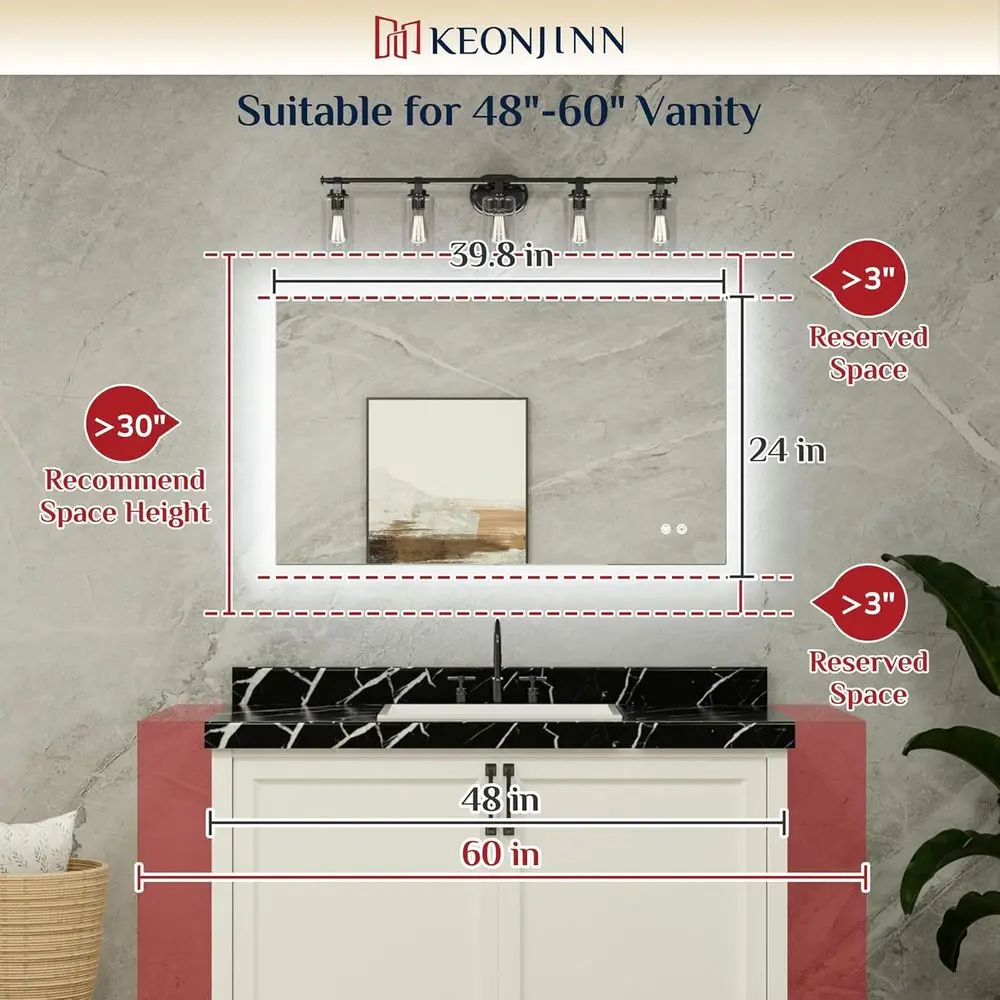 Miroir de salle de bain LED antibuée rétroéclairé, 24 x 40 pouces, verre trempé HD, variable en continu, haut CRI90 +, certifié UL, étanche