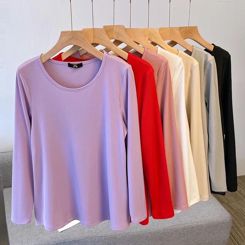 150Kg Plus Size Women's Bust 124-144 Spring Loose Bottoming Shirt High Elastic Long Sleeve Top 4XL 5XL 6XL 7XL 8XL 7-Colors