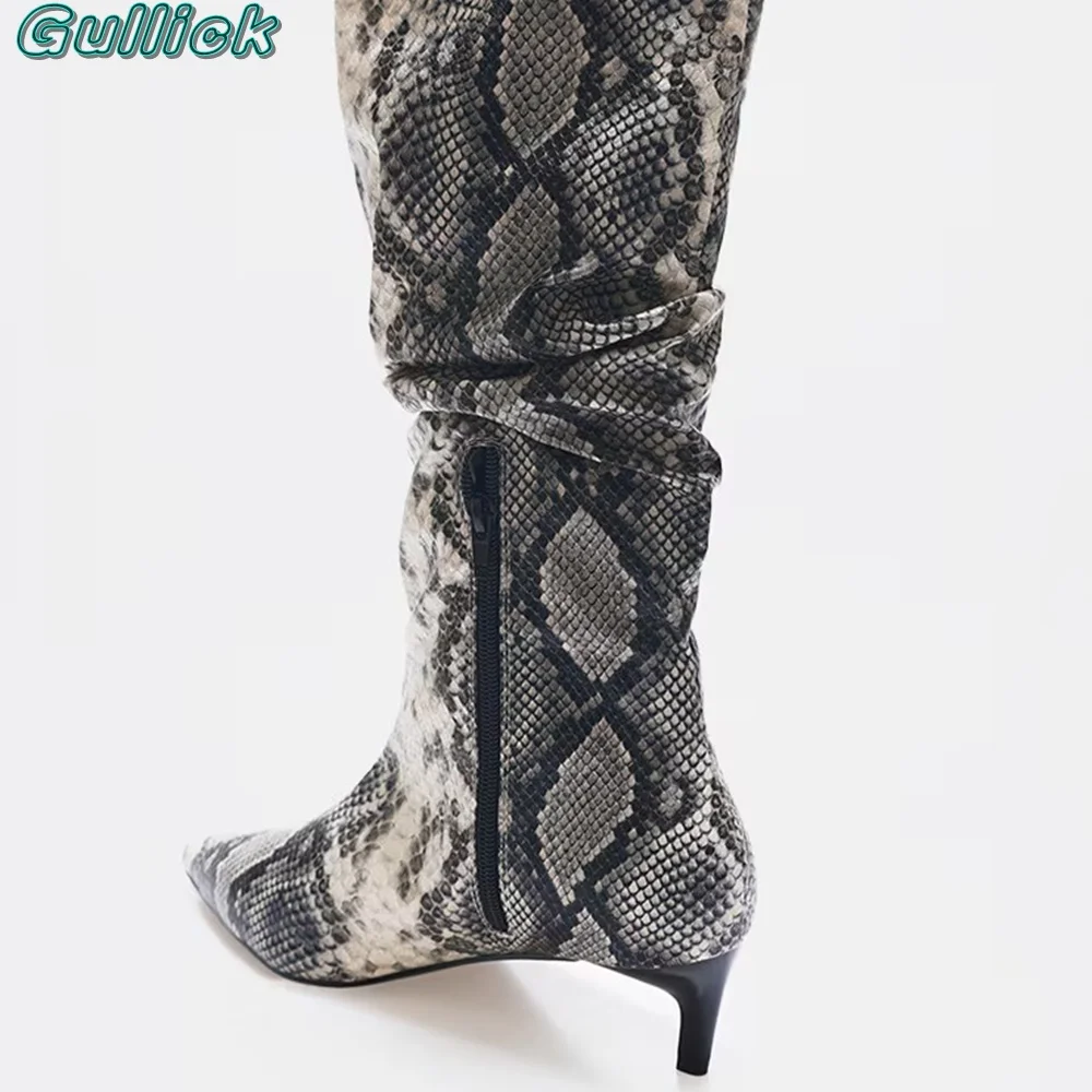 Gullick Mixed Snake Print Boots Pointed Toe High Heels Side Zipper Spring Autumn Knee-High New Boots Sexy Women Outwear Shoes