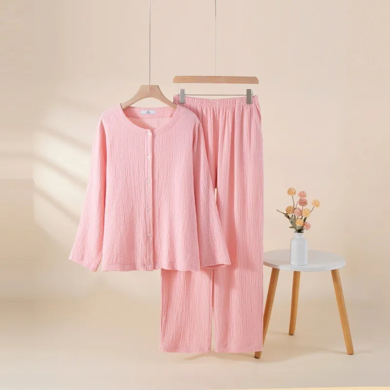 

Spring Autumn Women Simple Pajama Sets Female 100% Cotton Sleepwear Suit Women Round Collar Cardigan Shirt & Pants Home Clothes