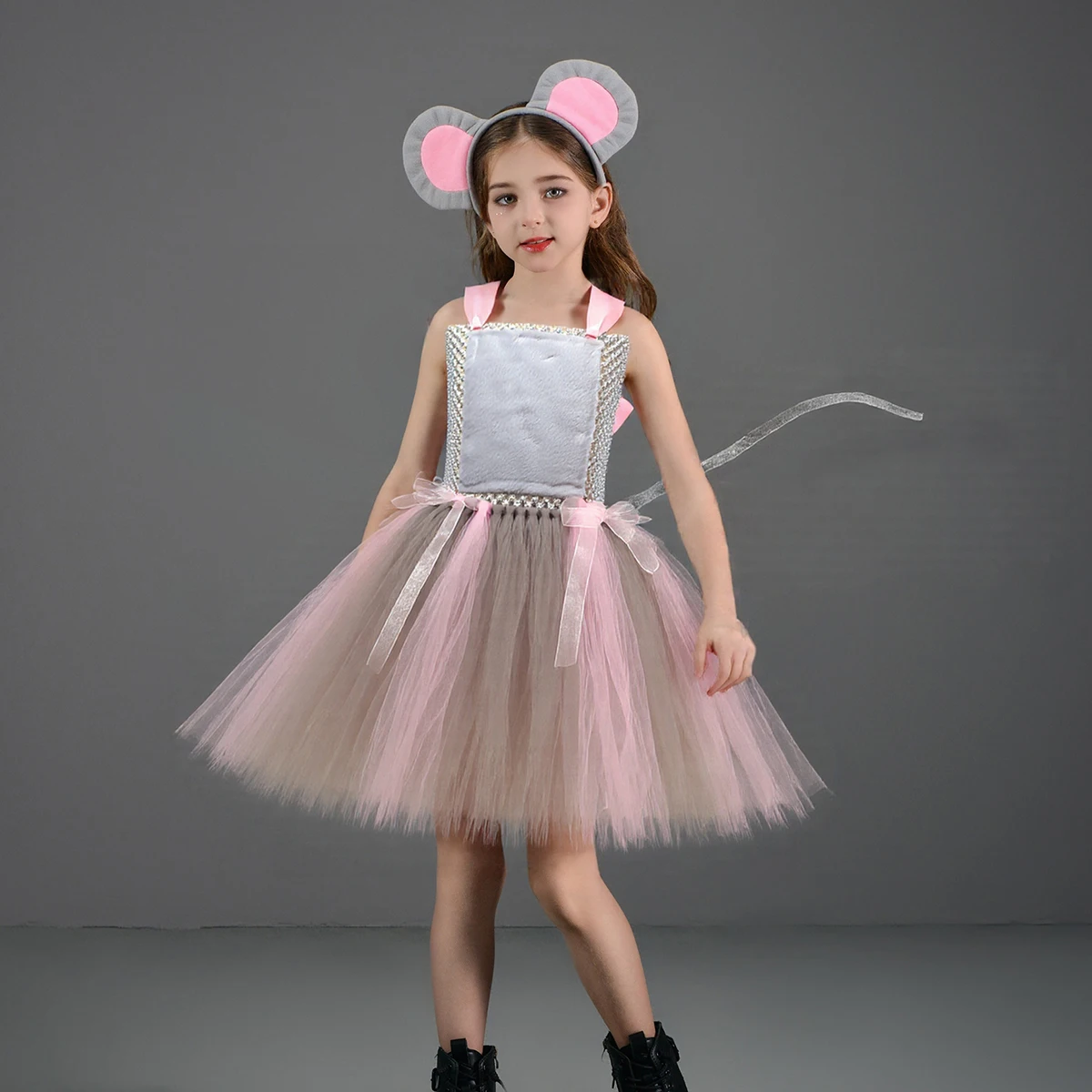 Grey Mouse Costumes Girls Tutu Dress Children Animal Outfit Kids Halloween Fancy Dresses Girls Baby Clothes for Birthday Party