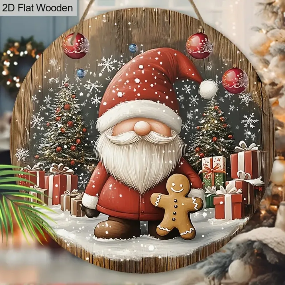 2D rustic Christmas circular wooden sign - designed with gnomes and gingerbread, suitable for home, porch, and caf é decoration