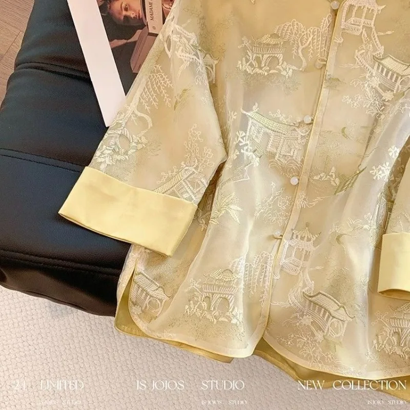 꽃 자수 쉬폰 블라우스 여성 느슨한 소매 빈티지 당나라 탑 중국 스타일 레트로 버클 탑